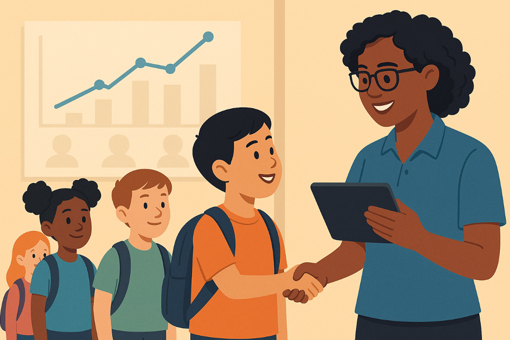 Staff tracking daily attendance with students in an afterschool program.