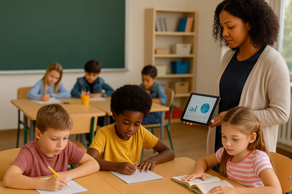 Afterschool teacher reviewing year-end attendance and academic charts on a tablet while elementary students work at their desks in a classroom setting